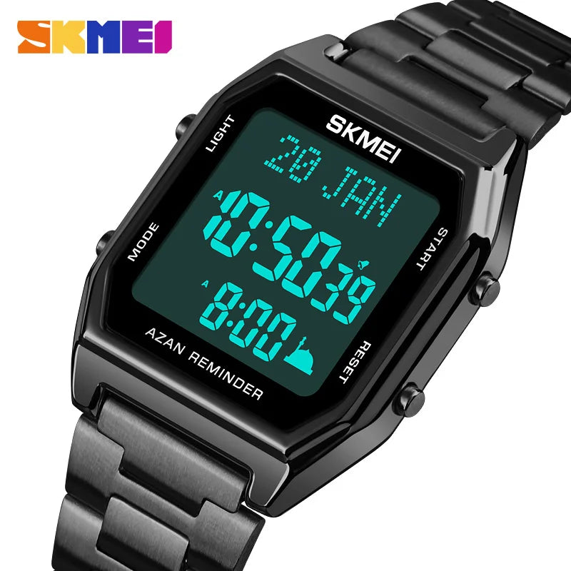 SKMEI Stainless Steel Digital Watch Muslim Azan Prayer Compass Clock Adhan Alarm Hijri Islamic Wristwatch with Back Light 2141