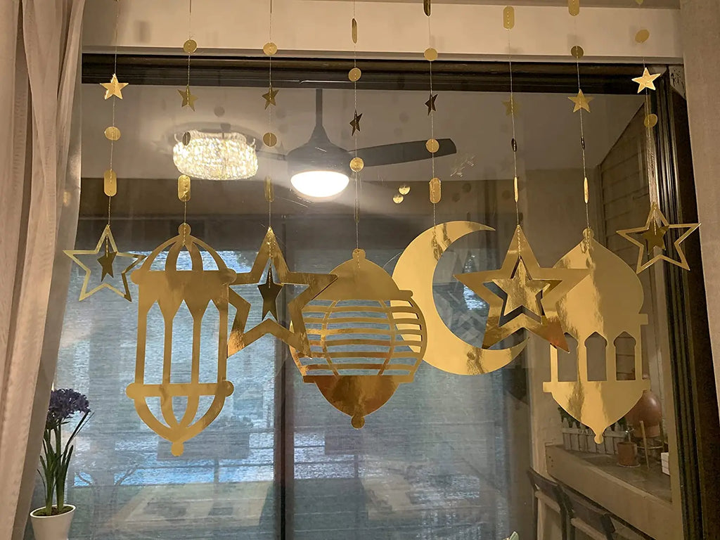 Gold Star Crescent Moon Lantern Ramadan Garland EID Decoration Happy Ramadan Mubarak Party Decor Islamic Nights Party Supplies
