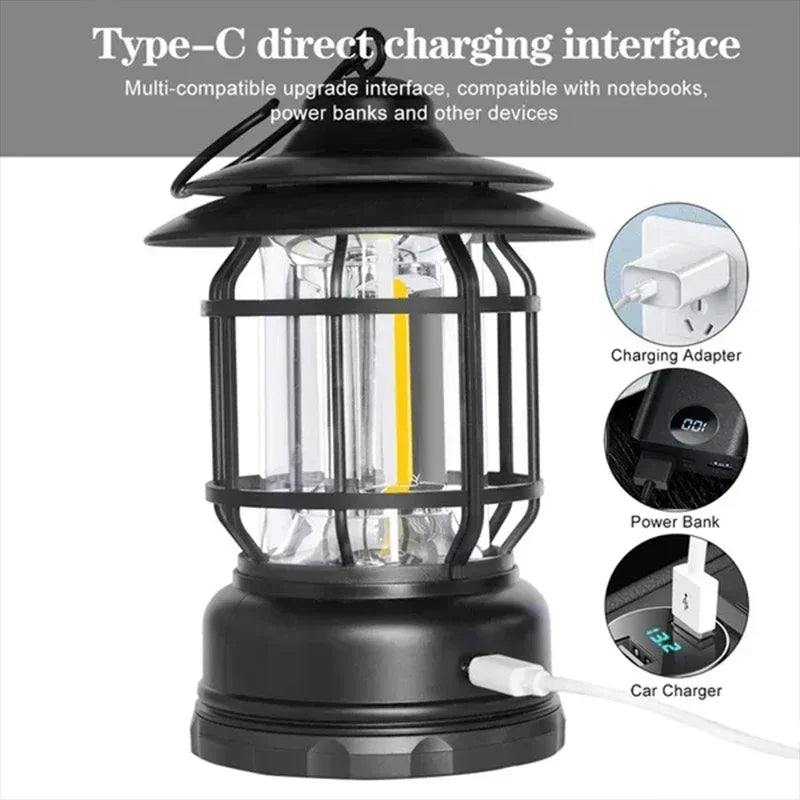 2Pack Camping Lantern USB Rechargeable Battery Powered Retro Camping Light Waterproof Hanging LED Tent Lamp for Hiking Fishing