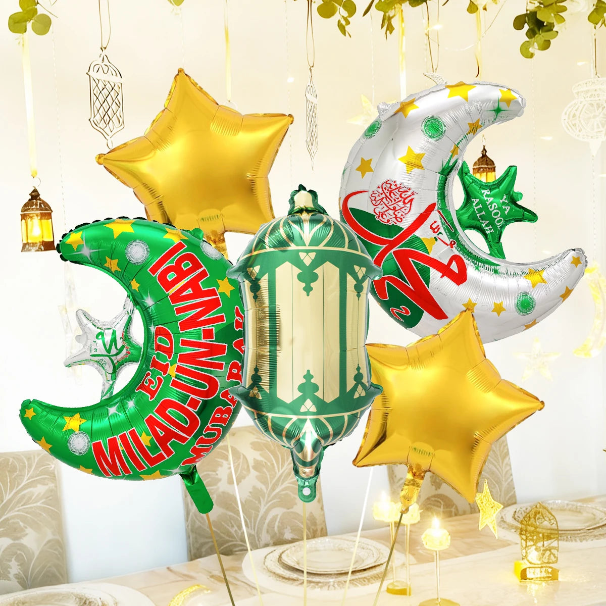 5-piece Ramadan Moon and Star Balloon Set, Ramadan Party Decorations, Ramadan Mubarak, Eid Mubarak Decorations