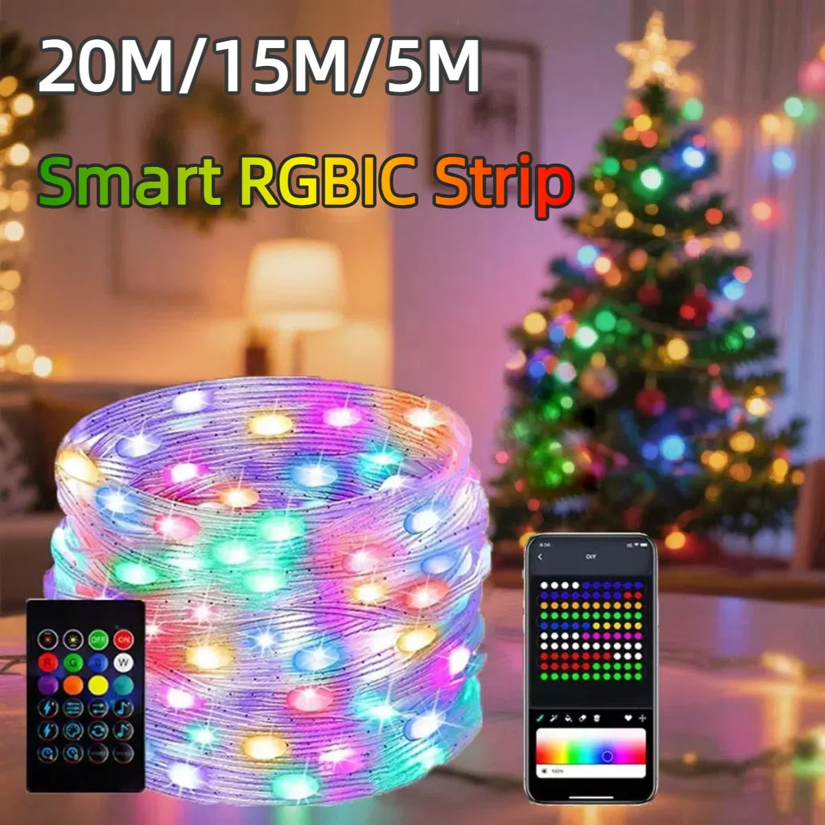 20M/10M/5M Smart USB 5V LED String Light RGB-IC WS2812B With Bluetooth APP Control IP65 Waterproof For Christmas Halloween Party