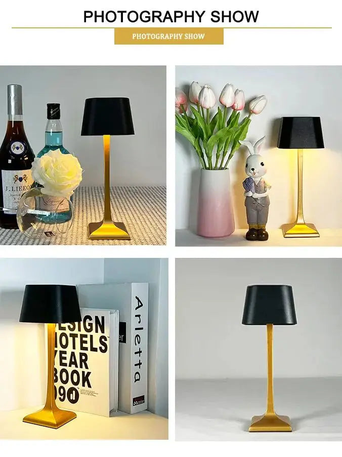 Home and hotel decoration Nordic luxury wireless dimmable portable rechargeable table lamp in gold and black