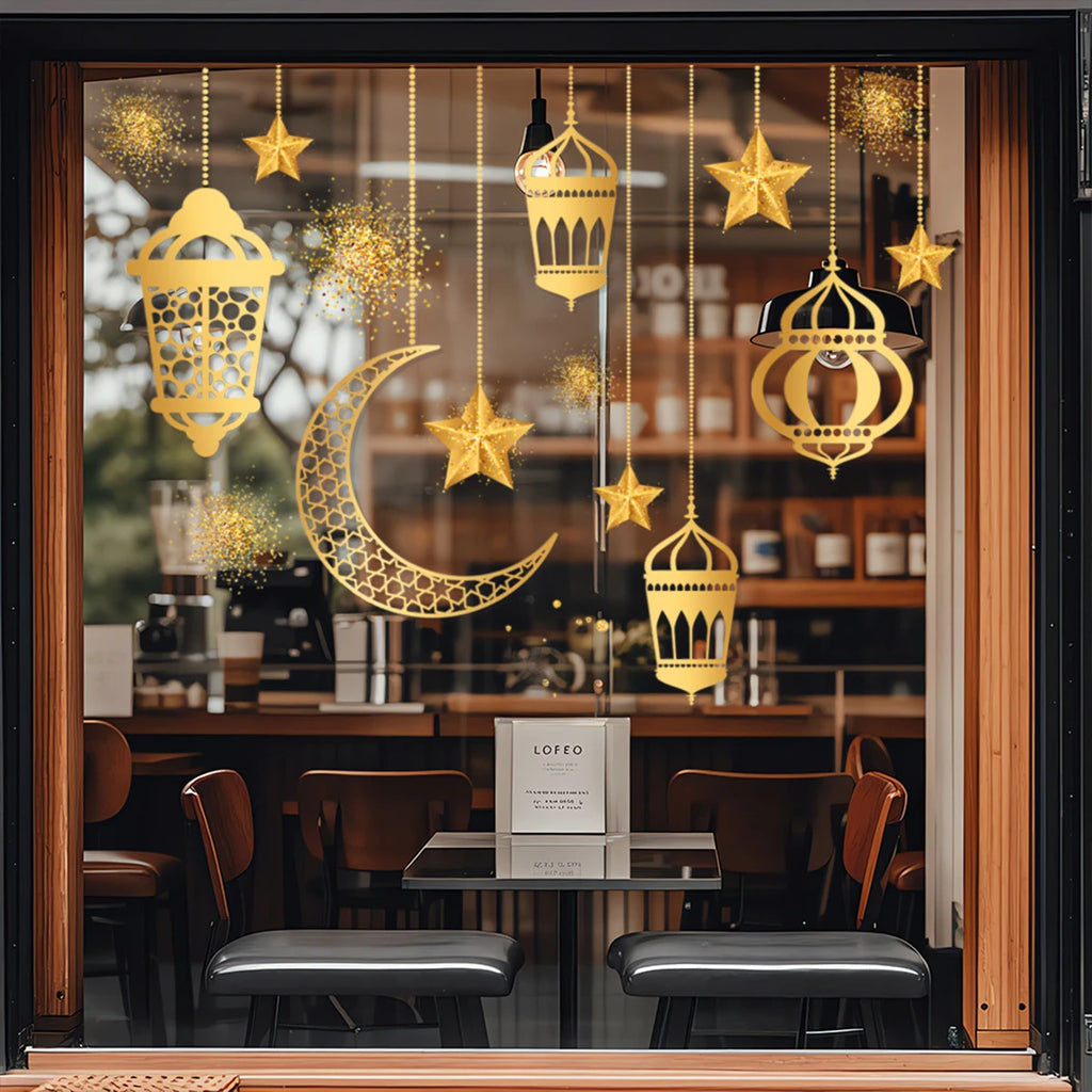 Ramadan Festival Stickers Star Moon Light Shadow Gold-Vermeil Wishing Removable Static Cling Home Decor Stickers