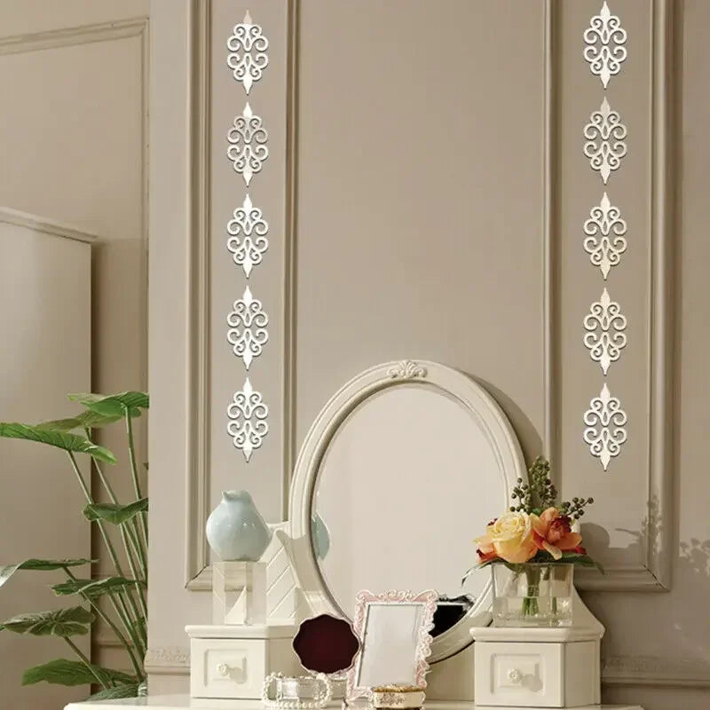 10Pcs 3D Acrylic Mirror Diagonal Lace Wall Stickers Porch Wardrobe Border Decoration Wall Decals Peel & Stick Home Decoration