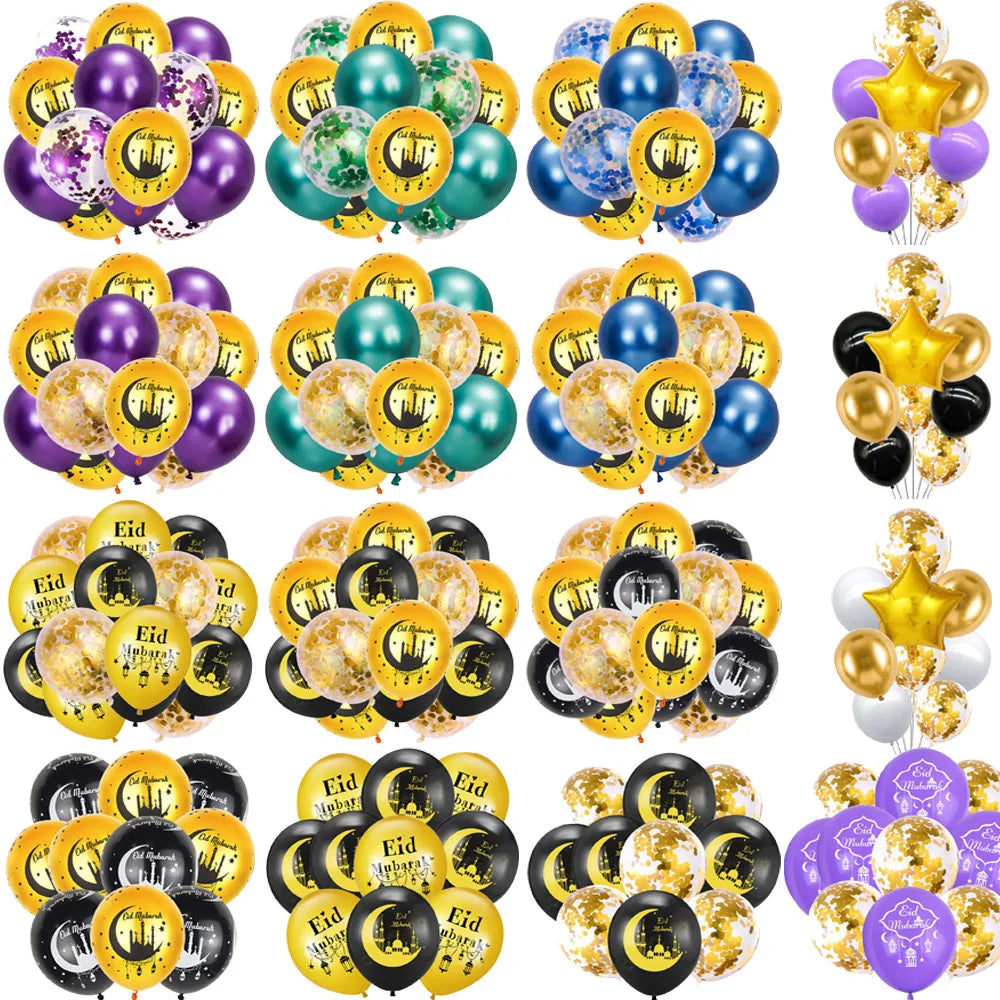 12inch Eid Mubarak Party Decorations Happy Eid al-Fitr Latex Balloons Gold Purple Black Moon Castle Print Confetti Balloons