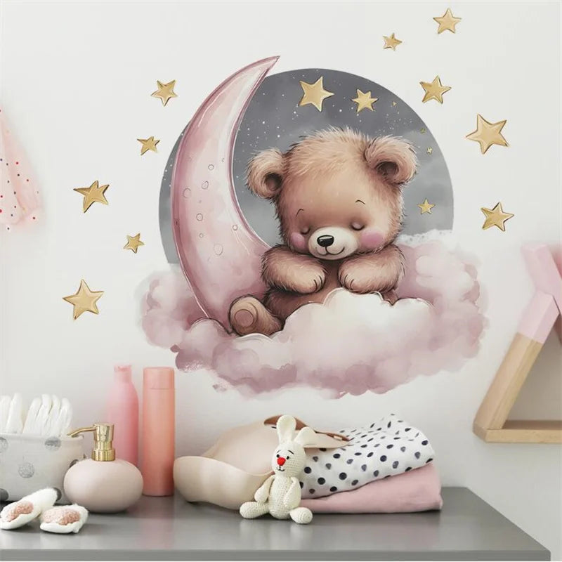 Self Adhesive Cartoon Star Good Night Little Bear On The Moon Wall Stickers For Children's Room Home Beautification Decoration