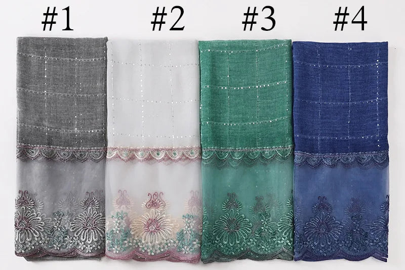 New Designers Lace Scarf Women Luxury Hijabs for Woman Bandana Shawl Veil Comfort Wear Paillette Embroidery Scarves Wrap Hijabs