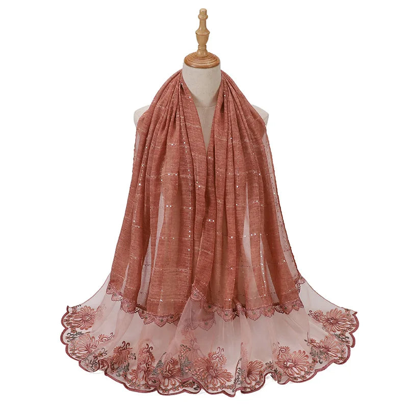 New Designers Lace Scarf Women Luxury Hijabs for Woman Bandana Shawl Veil Comfort Wear Paillette Embroidery Scarves Wrap Hijabs
