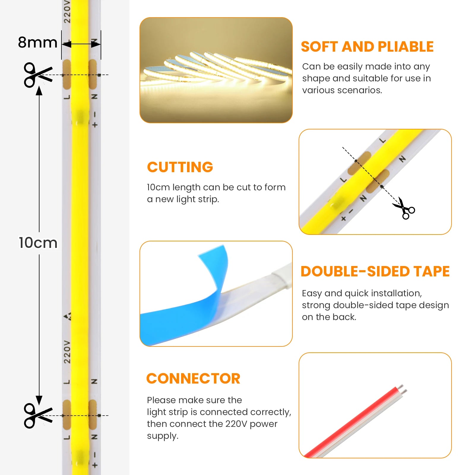 AC 220V COB Strip 240Leds/M 5M 10M 20M 50M/Roll Red/Green/Ice Blue/Pink/White/Purple Flexible Ribbon LED Light For Home Decor