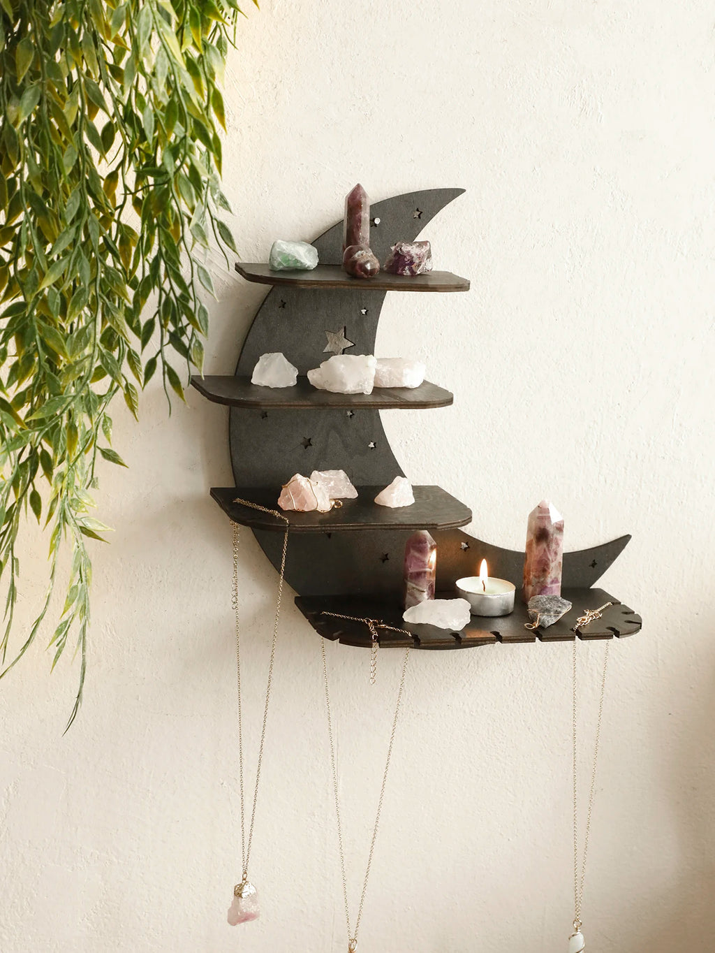 4-Tier Moon Wall Shelves 30cm Floating Wall Shelf Boho Country Rustic Shelf for Placing Crystal Stone Aromatherapy Essential Oil