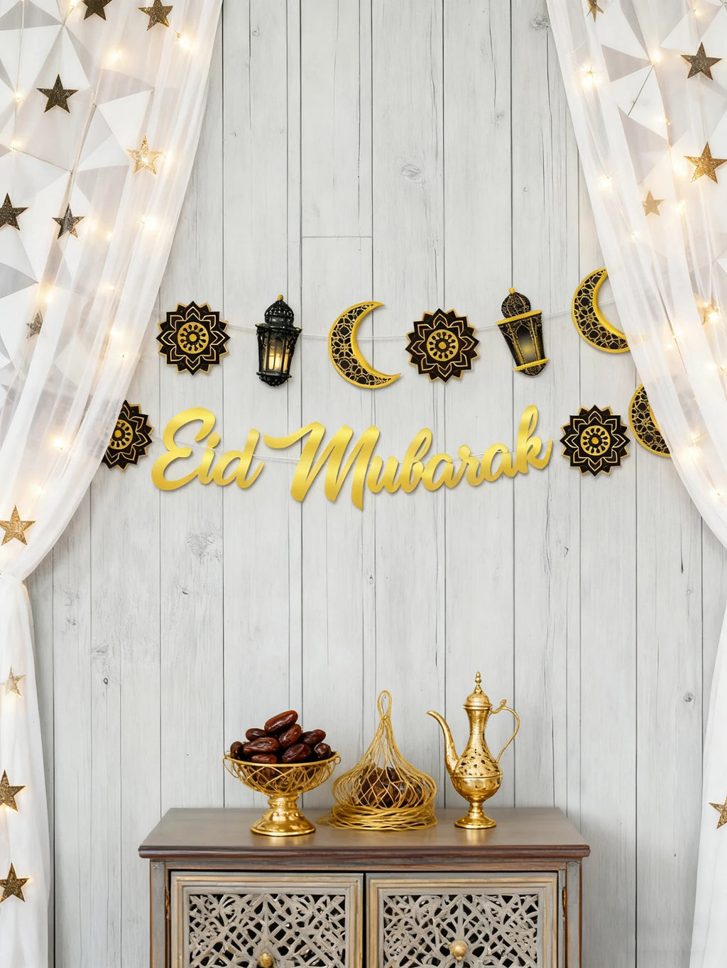 1pc Eid Mubarak Wall Hanging Golden Moon Lantern Floral Pattern Banner Festive Home Decor for Ramadan &Eid Party Decoration Gift