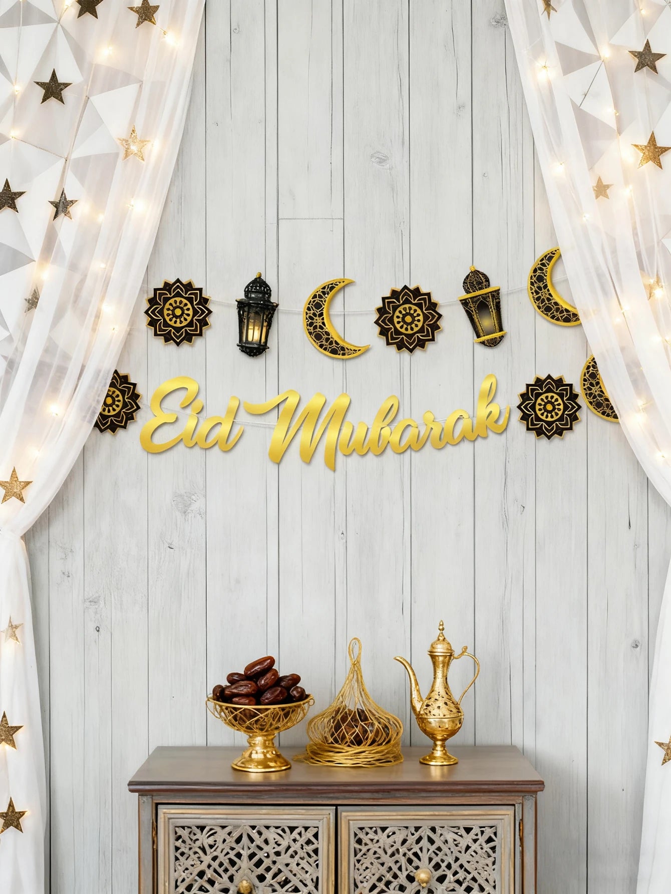 1pc Eid Mubarak Wall Hanging Golden Moon Lantern Floral Pattern Banner Festive Home Decor for Ramadan &Eid Party Decoration Gift