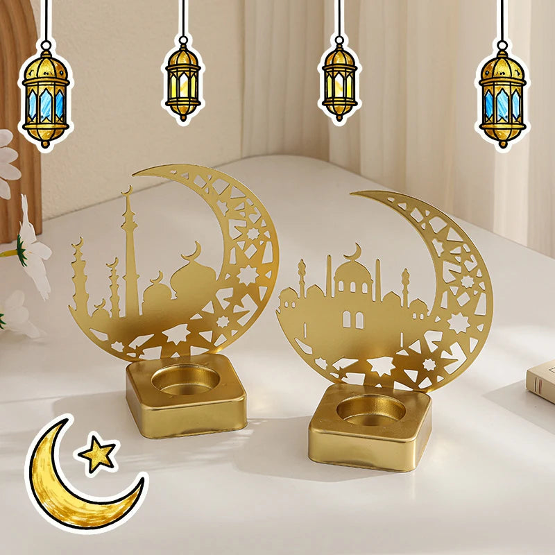 Metal Candle Holder Islamic Muslim Party Decor Eid Mubarak Candle Sticks Dinner Table Ornaments Ramadan Kareem Decorations
