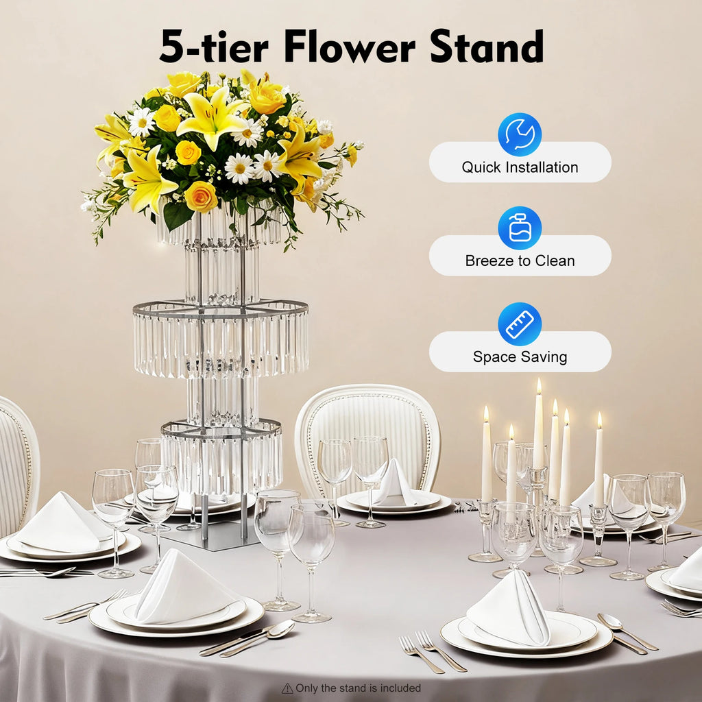 5 Tiers Gold/Silver Wedding Centerpieces Flower Stand Vase Centerpiece Acrylic Flower Stand with Hanging Acrylic