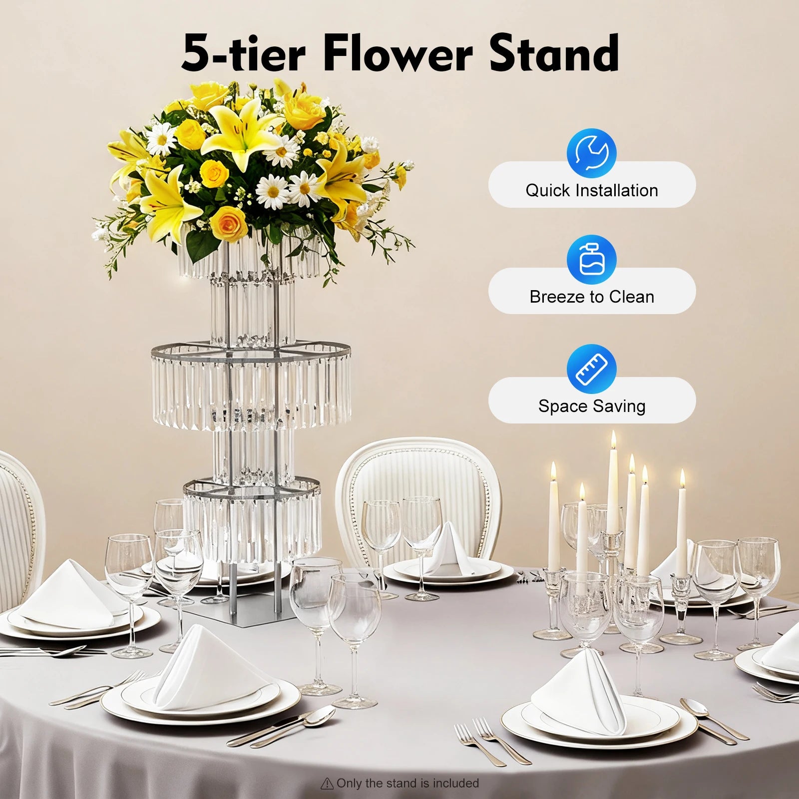 5 Tiers Gold/Silver Wedding Centerpieces Flower Stand Vase Centerpiece Acrylic Flower Stand with Hanging Acrylic
