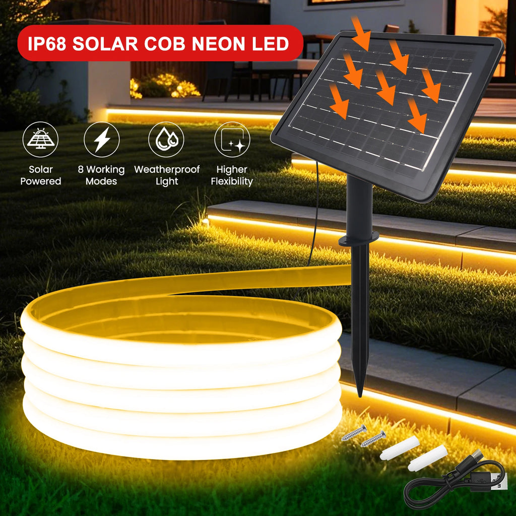 IP68 Waterproof Solar Powered COB Neon Strip 24V 320Leds 3000K 4000K 6000K Red/Green/Blue/Yellow Flexible Ribbon Rope LED Light