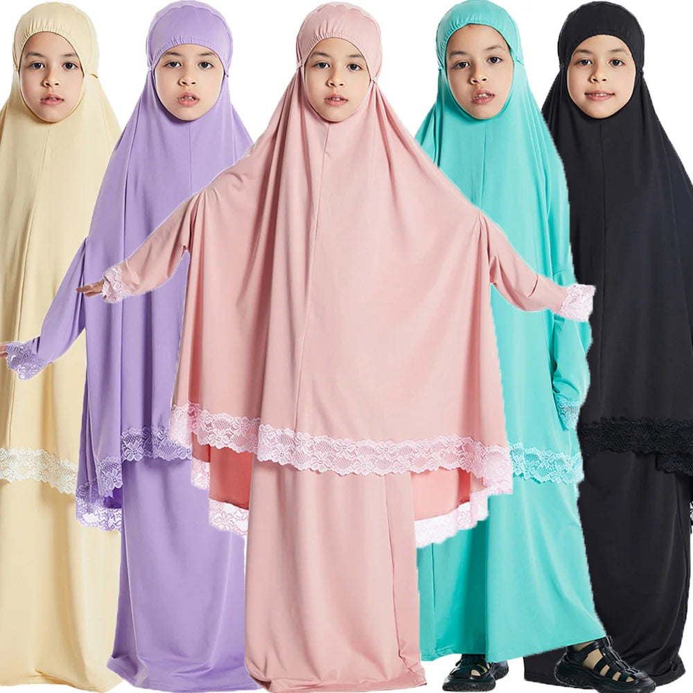 Muslim Kids Girls Hijab Dress Ramadan Khimar Skirt Set Overhead Eid Prayer Garment Burqa Abaya Robe Kaftan Hooded Gown