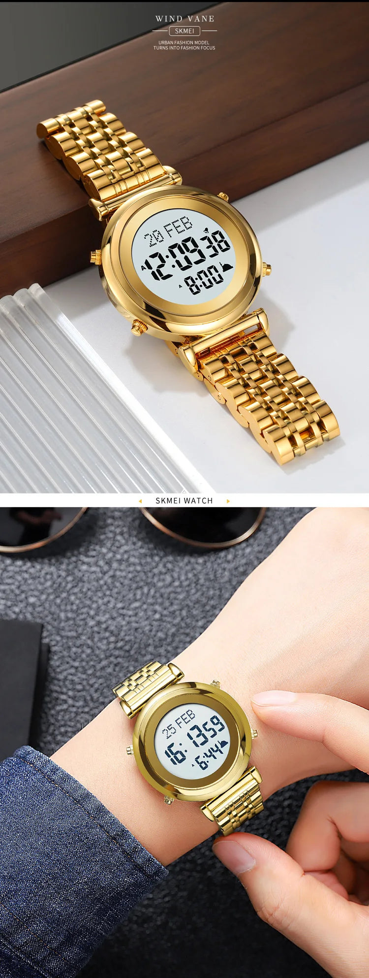 Muslim Azan Digital Watch Mens Back Light Waterproof Steel Hijri Islamic Wristwatch Prayer Qibla Compass Alarm Clock