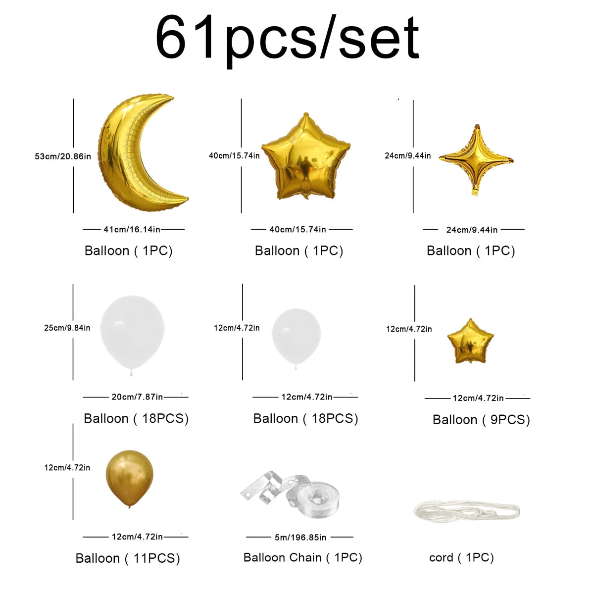 Moon, Stars, Clouds, Balloon Chain Party Decoration and Arrangement 1 set of 61 pieces