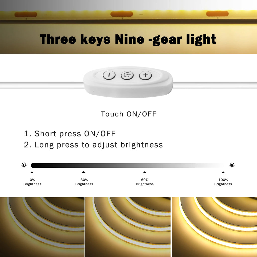 5V COB LED Light Strip With Touch Dimmer/ON OFF Switch/3Key Dimmer 320LEDs/M High Density LED Lamp Room Bar TV Backlight 9Colors