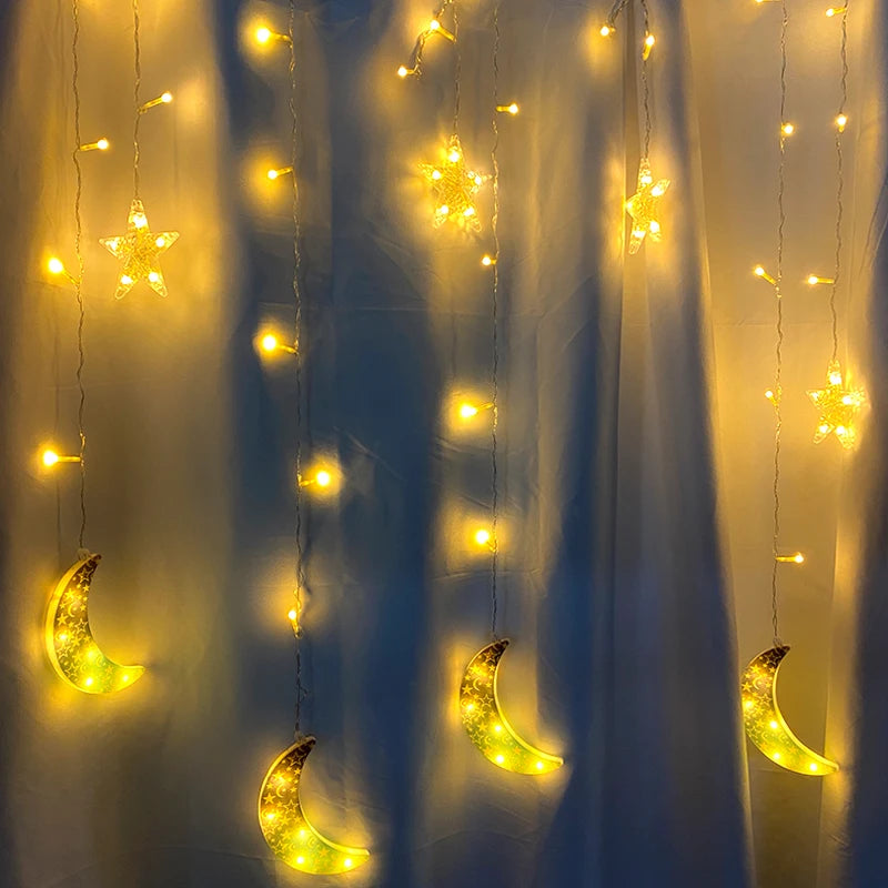 2026 Eid Al-Fitr Mubarak LED String Lights Moon Stars Curtain String Lights Islamic Ramadan Kareem Decoration for Home Garden