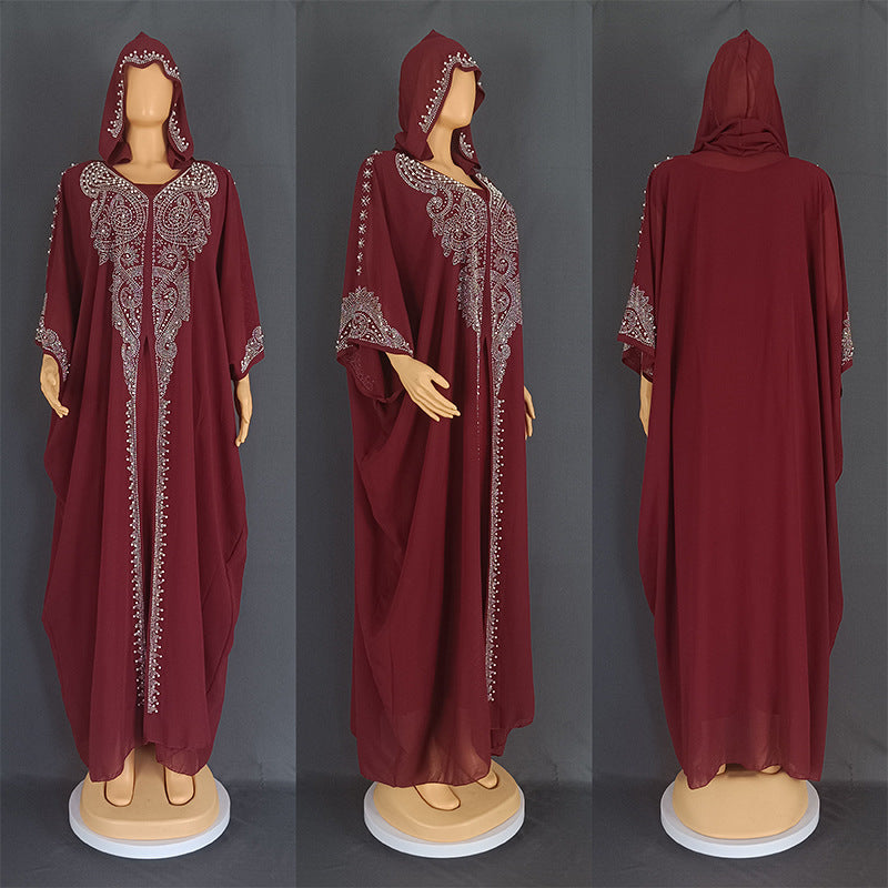 Eid Muslim Dress for Women – Hooded 2-Piece Diamond Jalabiya Kaftan