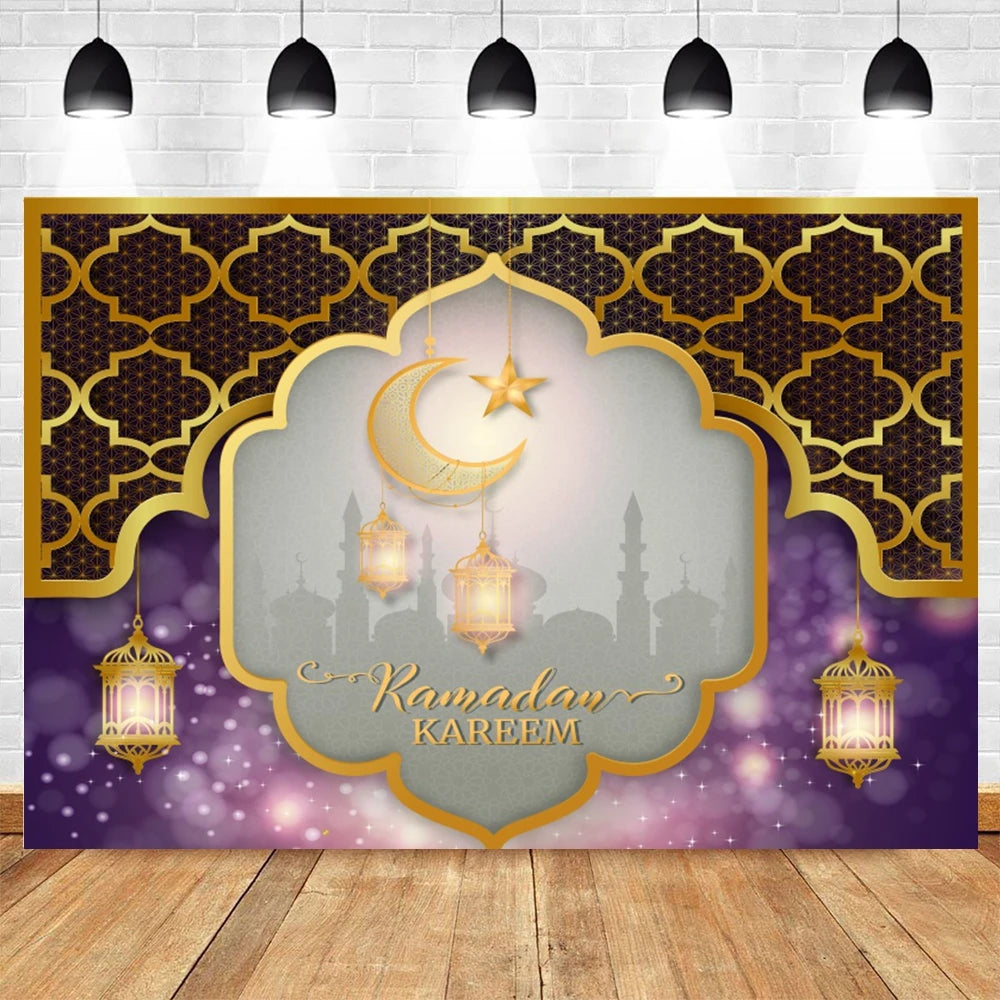 Ramadan Kareem Photography Backdrop EID Mubarak Islamic Mosque Lamps Moon Star White Cloud Photo Background Studio Poster Decor