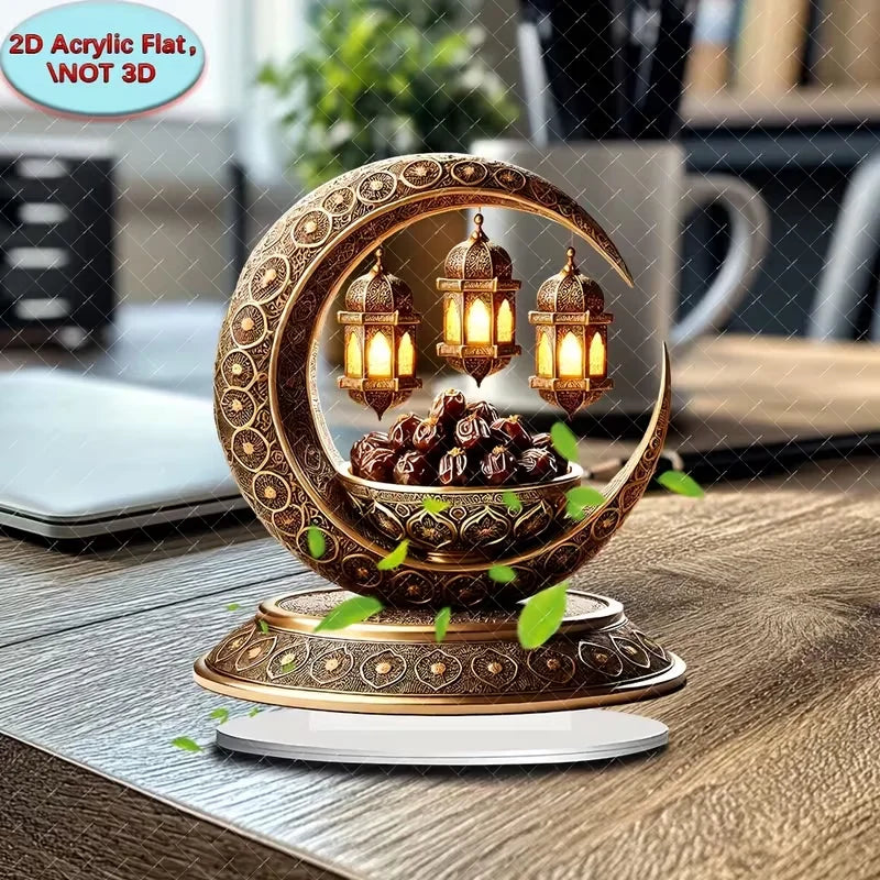 2D flat golden crescent lantern elegant desktop decoration, perfect for Islamic home and office decor, perfect for Ramadan