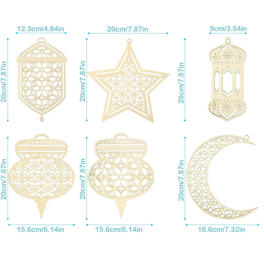 6pcs/set star moon lantern mandala pattern hollow wooden pendant for Ramadan DIY decoration wooden sign holiday party supplies