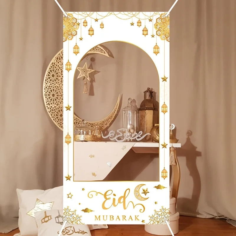 1set Islamic Ramadan Eid Mubarak Photo Booth Backdrop with White Golden Frame Muslim Party Decoration Supplies 2026