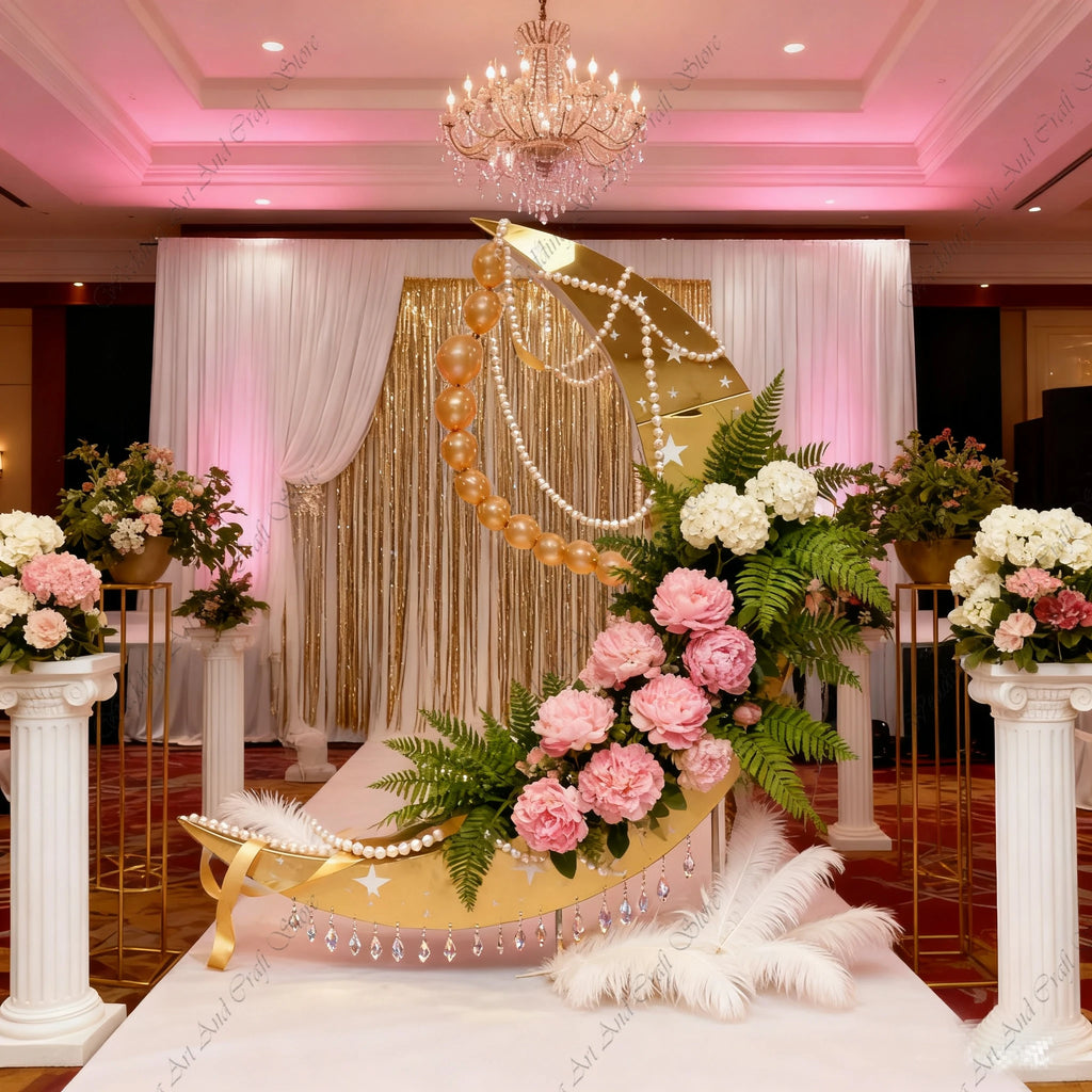1pcs f30 83in Golden Stainless Steel Crescent Half Moon Wedding Arch Party Stage Backdrop Flower Stand Background Arch ivy332