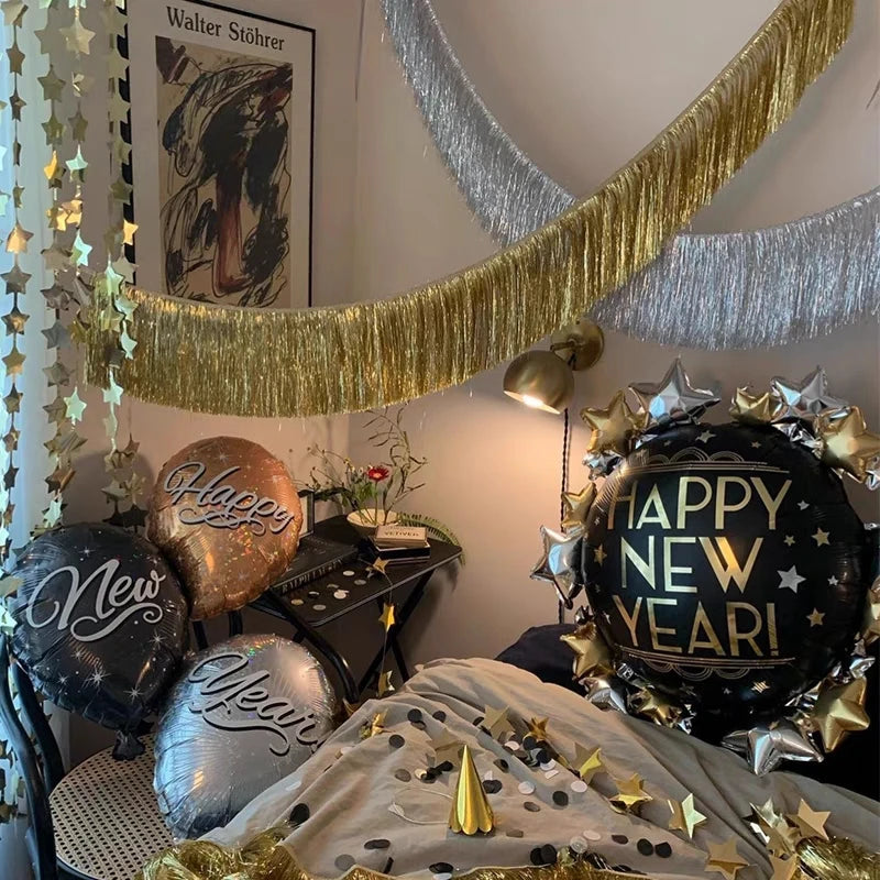 Gold EID Party Decorations Happy Birthday Banners Circle Twinkle Star Garland Metallic Tinsel Banners Hanging Streamer Backdrop