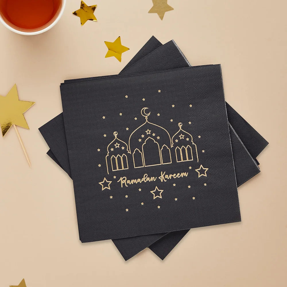 20 Sheets Ramadan Kareem Black Napkins Eid Celebration Party Table Decorations Islamic Holiday Home Accessories Muslim Supplies
