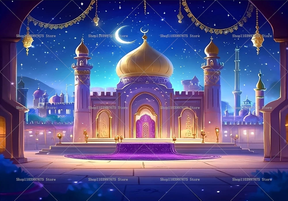 2D Arabian Starry Nights Islamic Palace Party Backdrops Eid Party Decorations Photography Background Banner Photo Booth Props