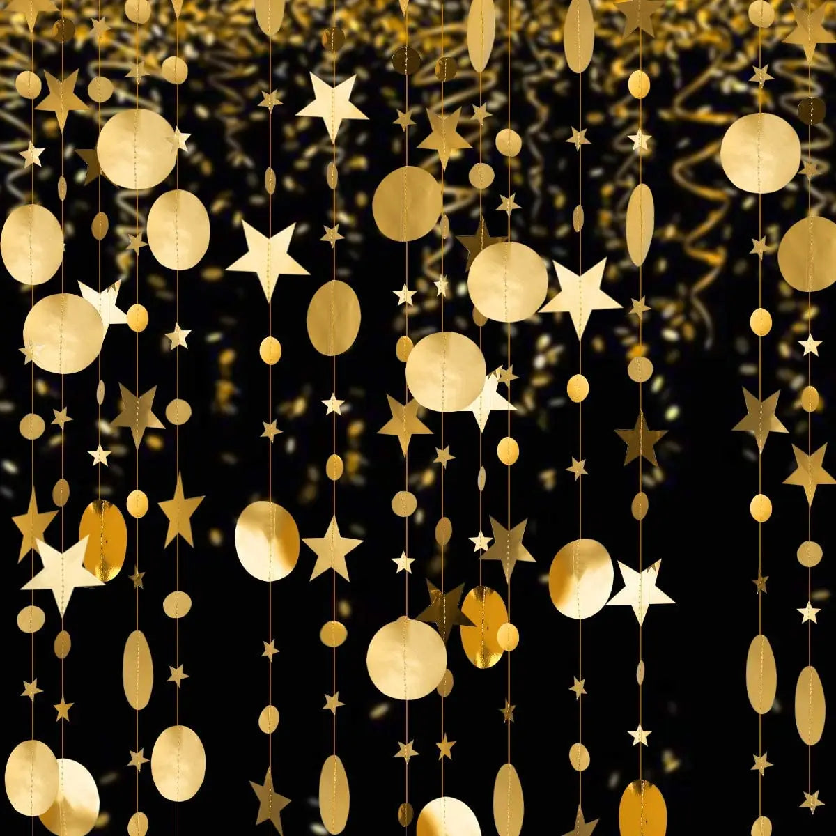 Gold EID Party Decorations Happy Birthday Banners Circle Twinkle Star Garland Metallic Tinsel Banners Hanging Streamer Backdrop