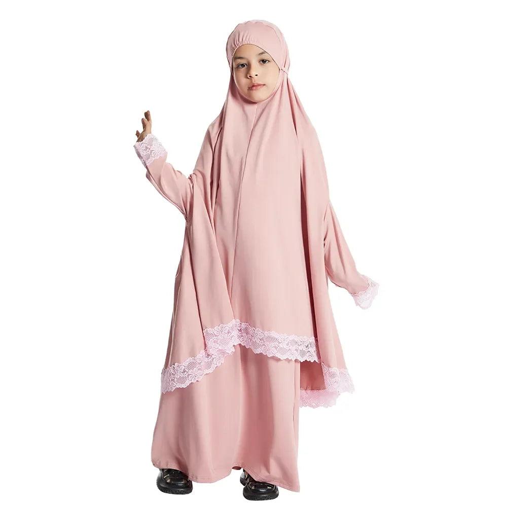 Muslim Kids Girls Hijab Dress Ramadan Khimar Skirt Set Overhead Eid Prayer Garment Burqa Abaya Robe Kaftan Hooded Gown