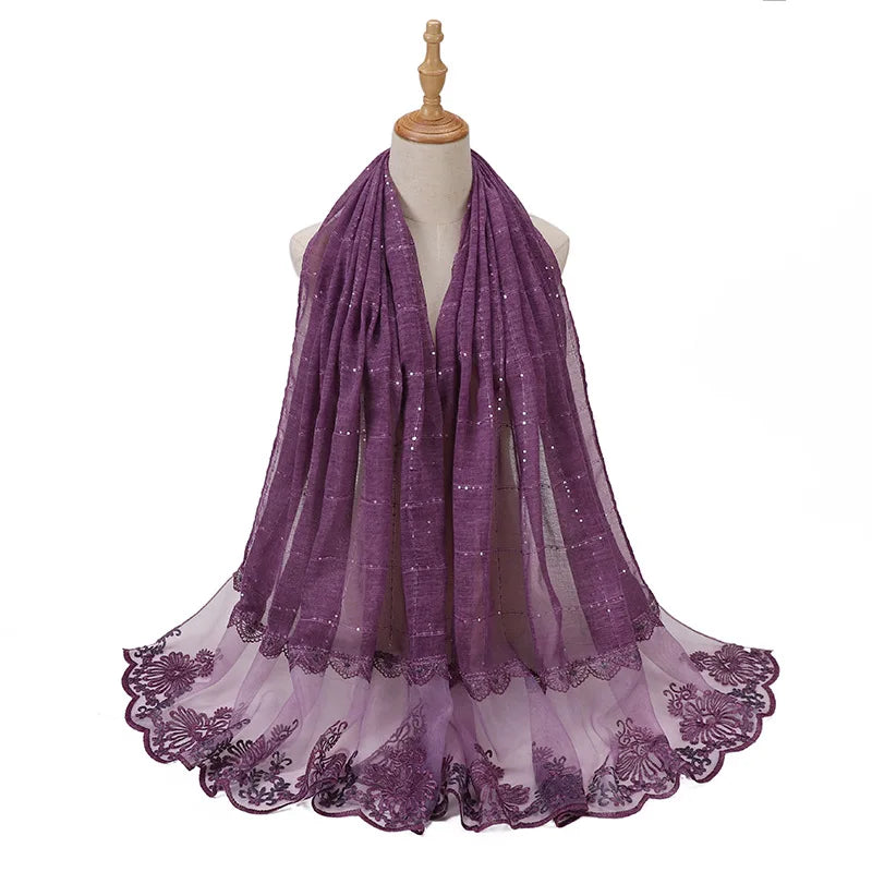 New Designers Lace Scarf Women Luxury Hijabs for Woman Bandana Shawl Veil Comfort Wear Paillette Embroidery Scarves Wrap Hijabs