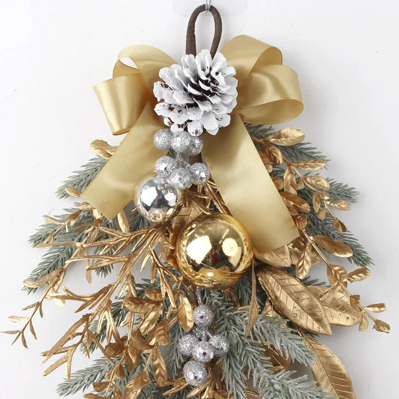 Christmas Wreath For Front Door Artificial Golden Flower Garland Pinecone Rattan Set Hanging Outdoor Christmas Decoration 2024