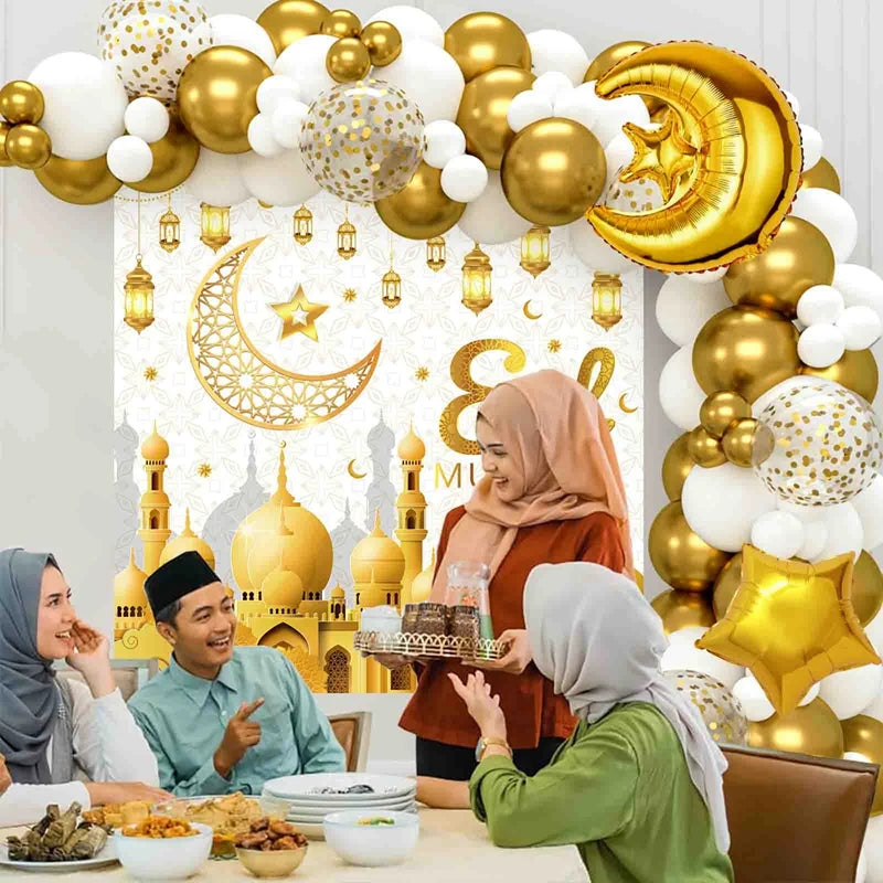 Eid al Fitr Party Gift Box Balloon Flag Set Muslim Ramadan Party Tableware Party Companion Gift Box Biscuit Bag Decorative Card
