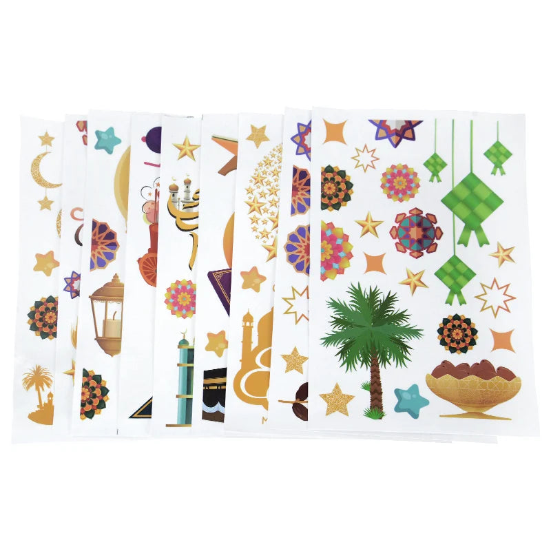 Eid Mubarak Ramadan Decorative Stickers 9pcs Islamic Patterns Self-Adhesive For Wall Window Gift Packaging Party Decor Supplies