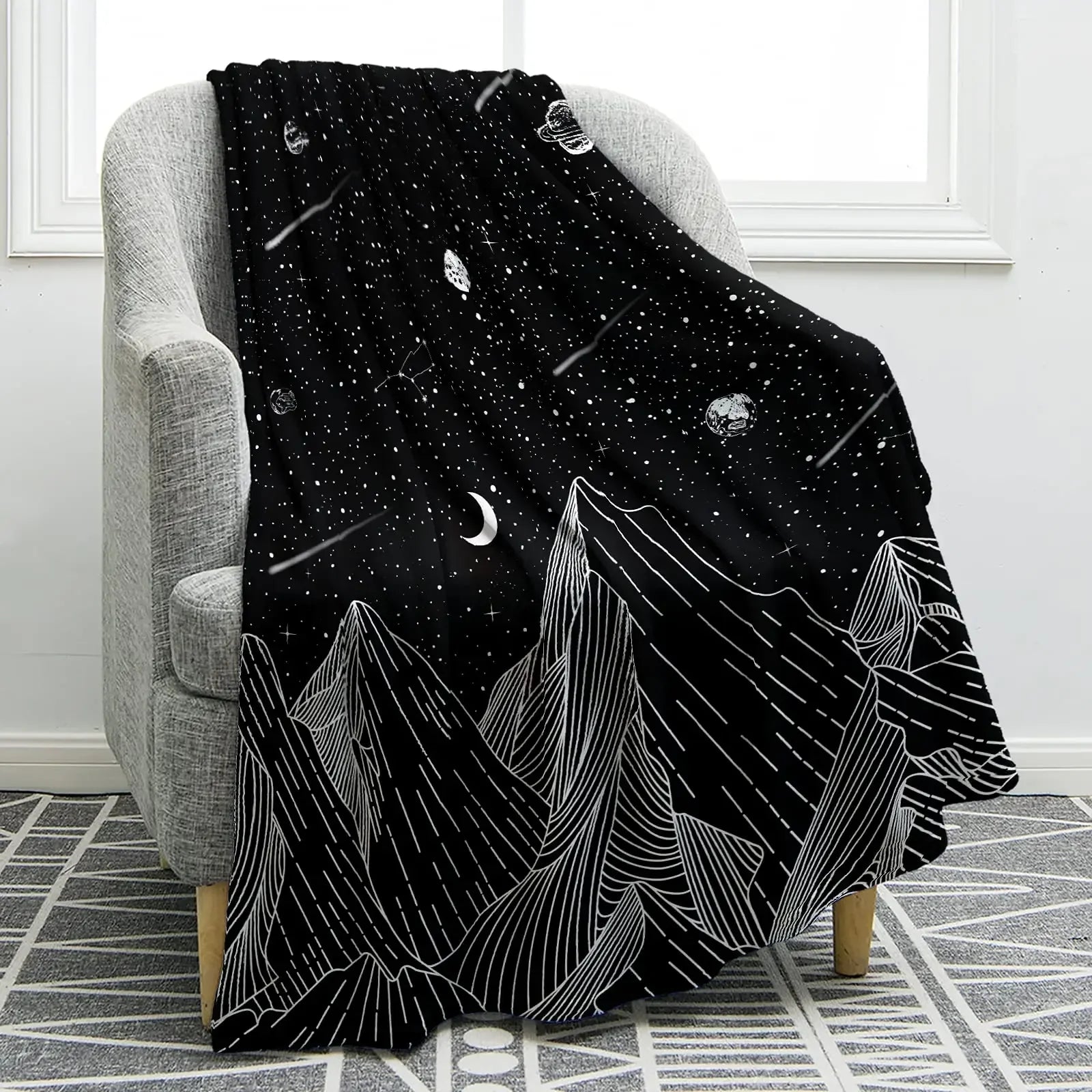 Sun Moon Blanket Star Space Psychedelic Black and White Print Throw Blanket for Couch Bed Sofa