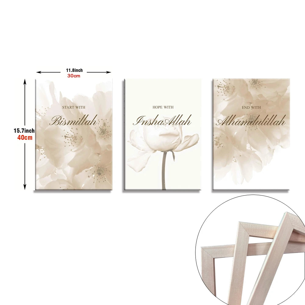 3PCS Framed Islamic Bismillah Alhamdulillah Inshallah Flower Wall Art Canvas Prints Art Paintings Poster Living Room Home Decor