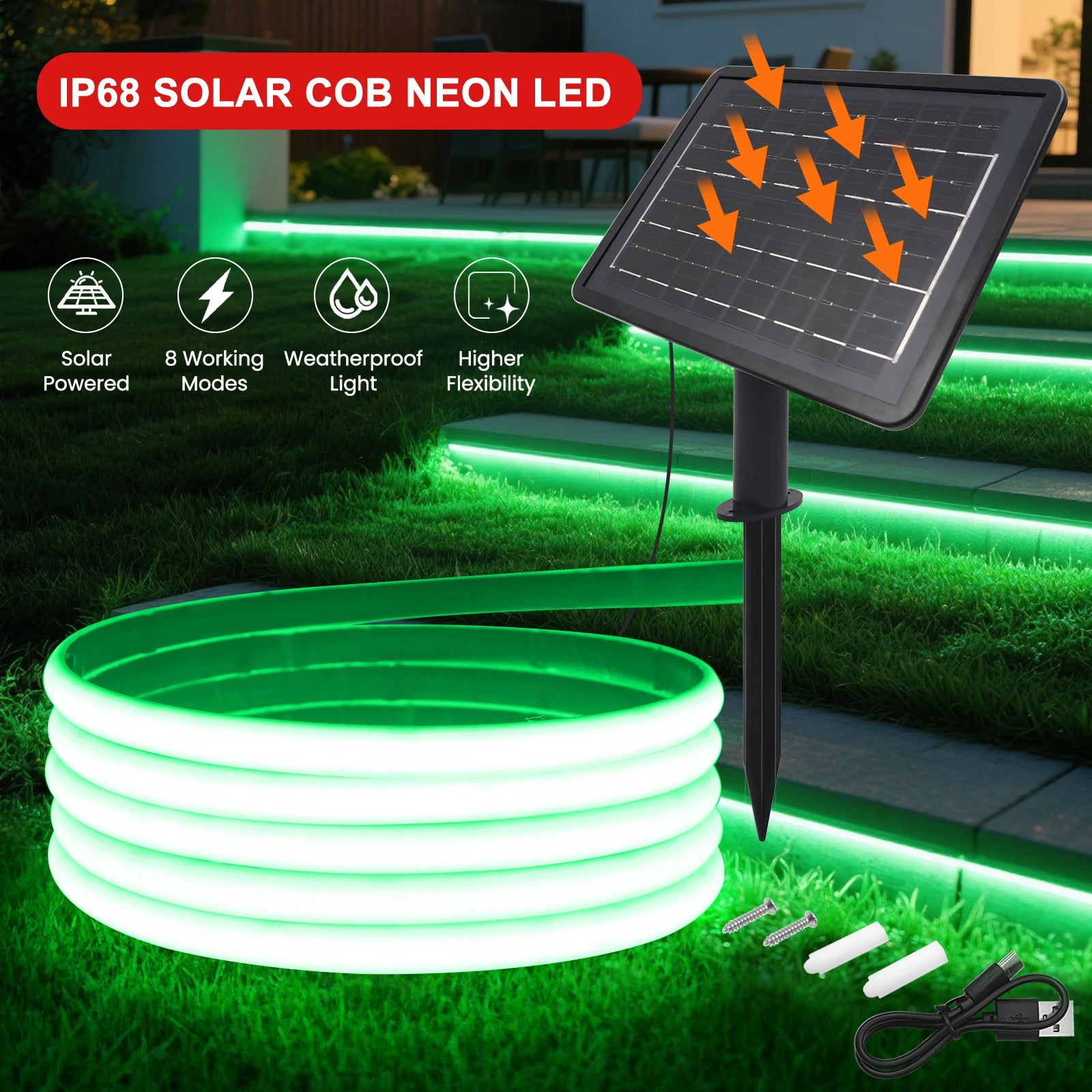 IP68 Waterproof Solar Powered COB Neon Strip 24V 320Leds 3000K 4000K 6000K Red/Green/Blue/Yellow Flexible Ribbon Rope LED Light