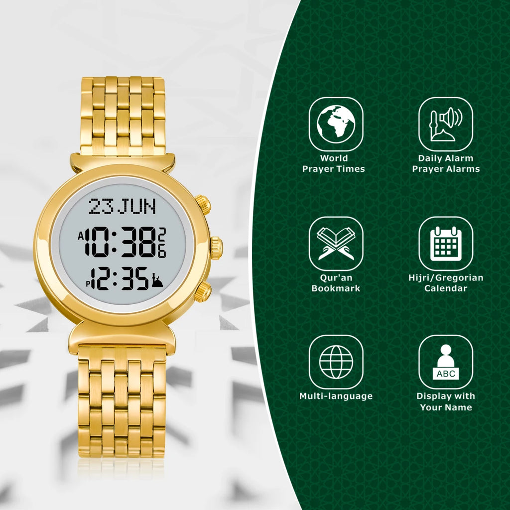 AL-FATIHA/AL SALAH Alloy Azan Watch Muslim Wristwatch With Backlight Hijri Calendar English Arabic Islamic