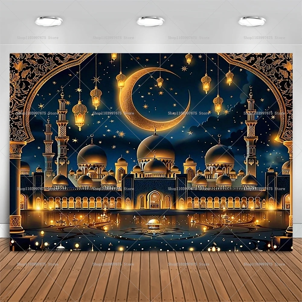 2D Arabian Starry Nights Islamic Palace Party Backdrops Eid Party Decorations Photography Background Banner Photo Booth Props