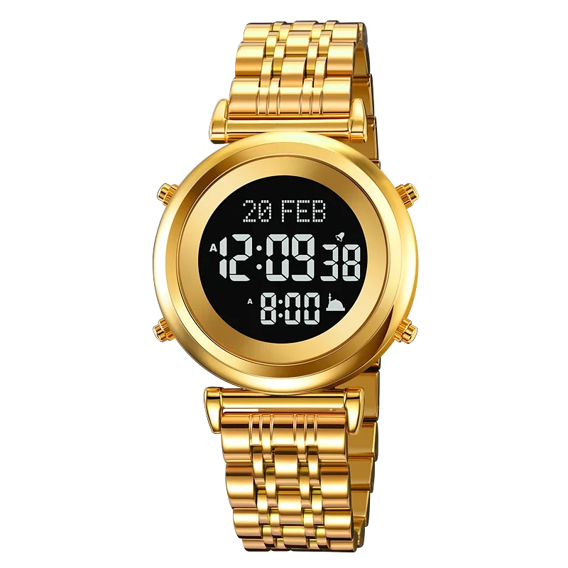 Muslim Azan Digital Watch Mens Back Light Waterproof Steel Hijri Islamic Wristwatch Prayer Qibla Compass Alarm Clock