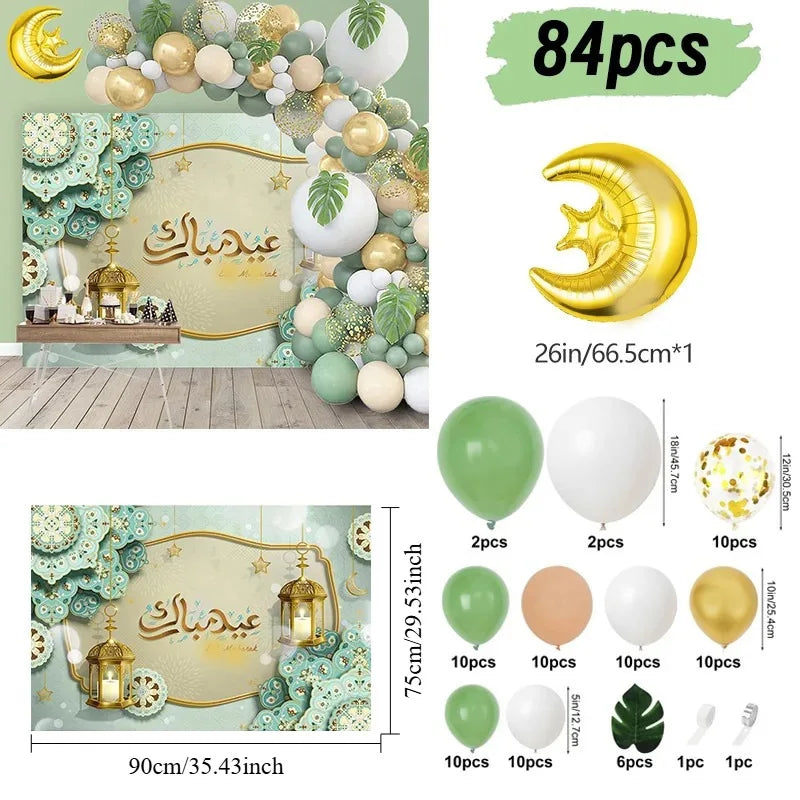 84pcs Eid Mubarak Green Gold Balloon Garland Arch Ramadan Kareem Decorations Home 2026 Aid Moubarak Islamic Festival Party Decor
