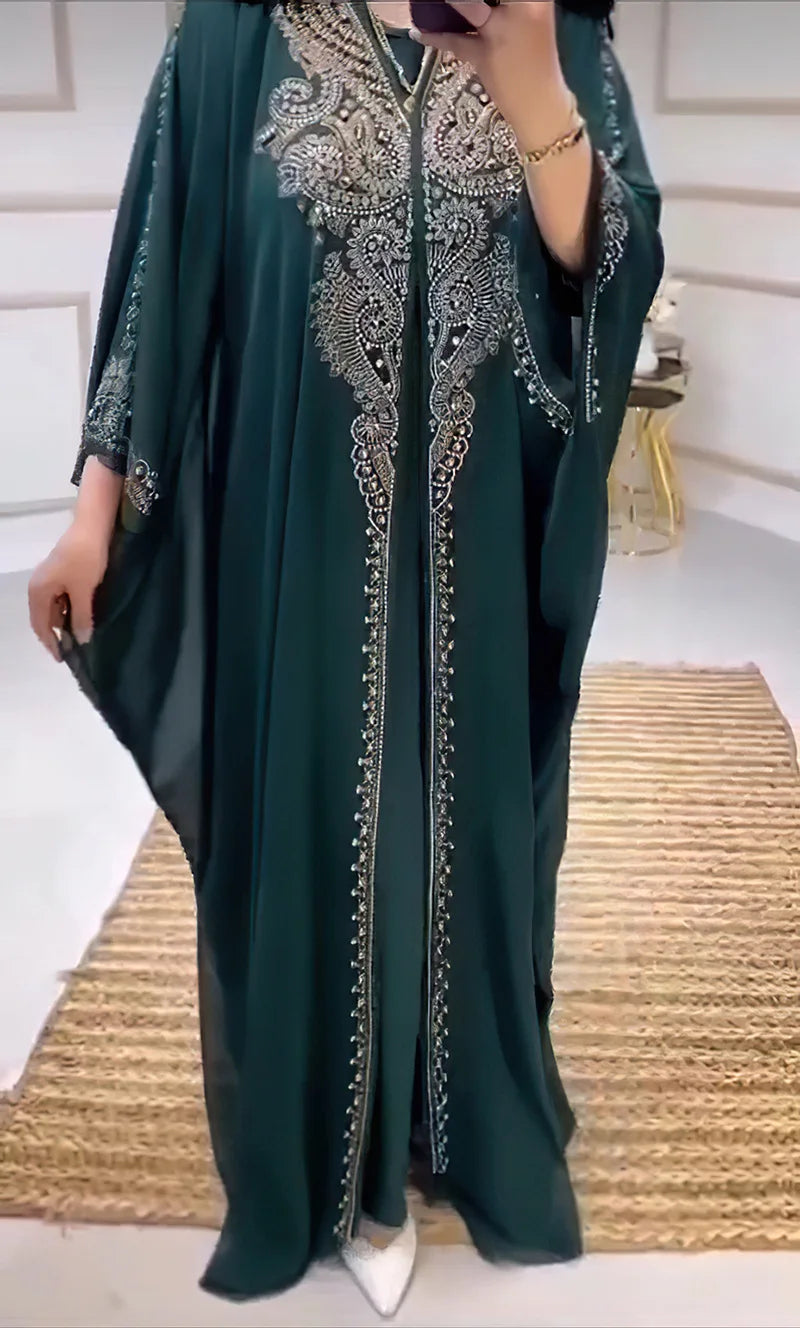 Eid Muslim Dress for Women – Hooded 2-Piece Diamond Jalabiya Kaftan