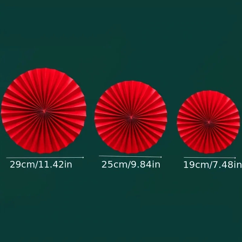 6pcs 11.42inch,9.84inch,7.48inch New Year Red&Golden Paper Fans-Traditional Decoration with Dragon,Phoenix,Lanterns-Wall Hanging