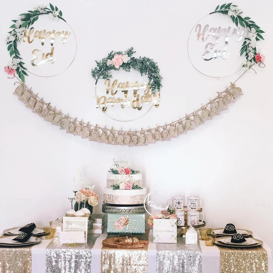 DIY Eid Mubarak Wreaths with Artificial Flower Leaves for Ramadan Kareem Islam Party Decoration Muslim Home Wall/Door Decor